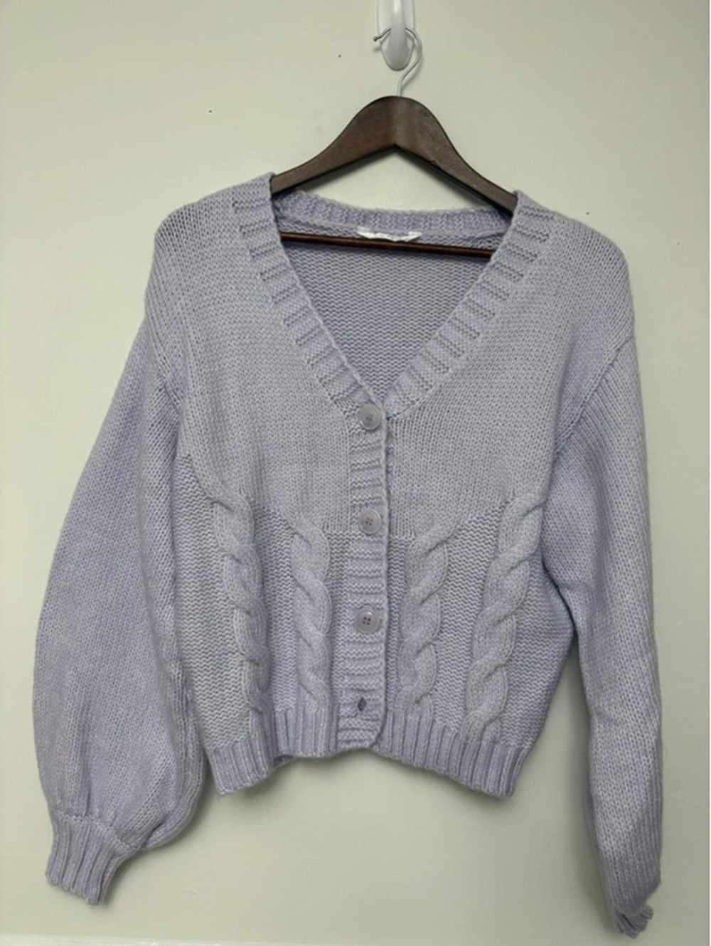 Cottagecore Belle Du Jour XL Lavender Cable Knit Cropped Cardigan Balloon Sleeve